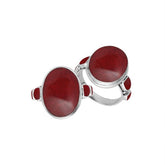 Sterling silver oval Red Coral ring with matching side inlays, handcrafted artisan statement jewelry with bold vibrant shell.